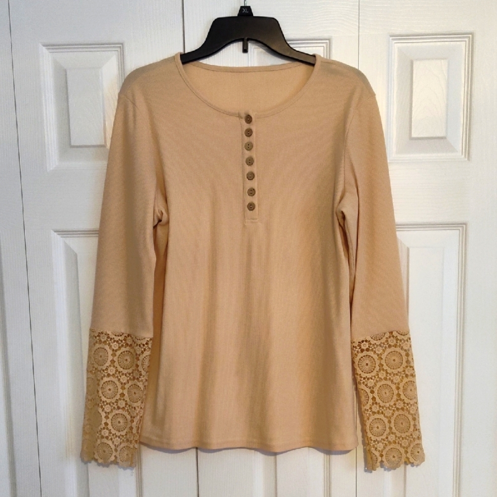 Cream embellished long sleeve blouse with crew neck